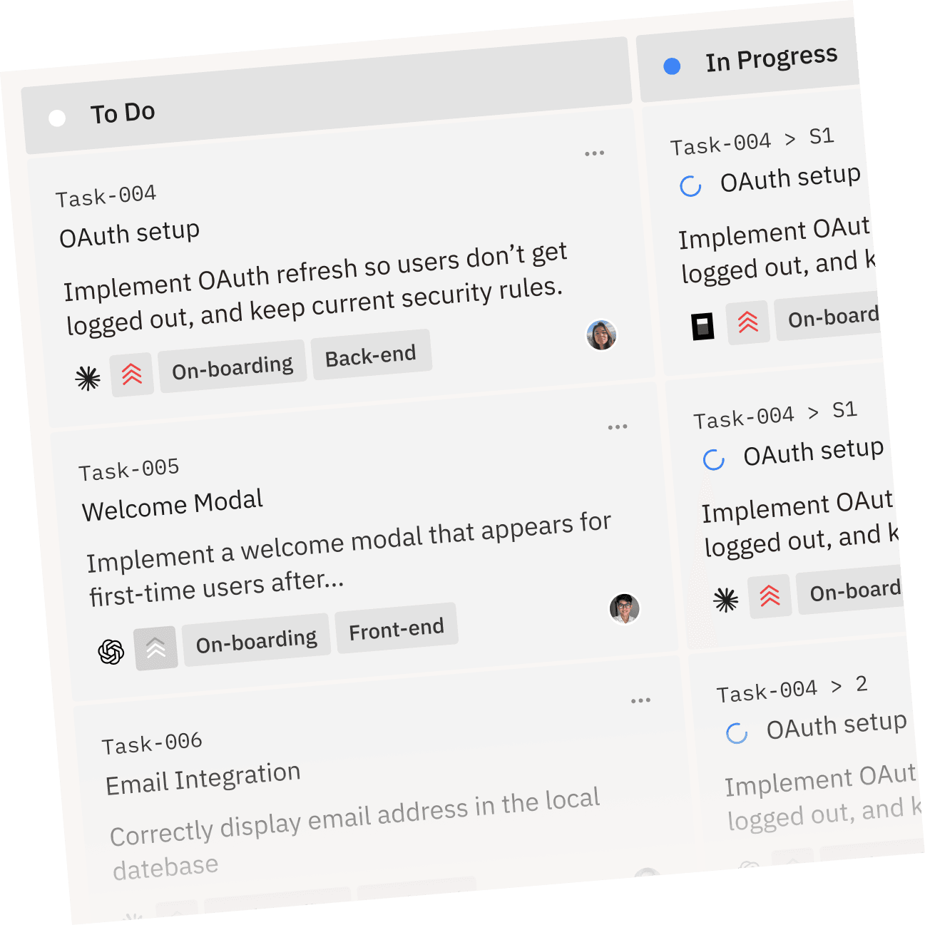 Vibe Kanban planning board showing task cards with priorities and assignments