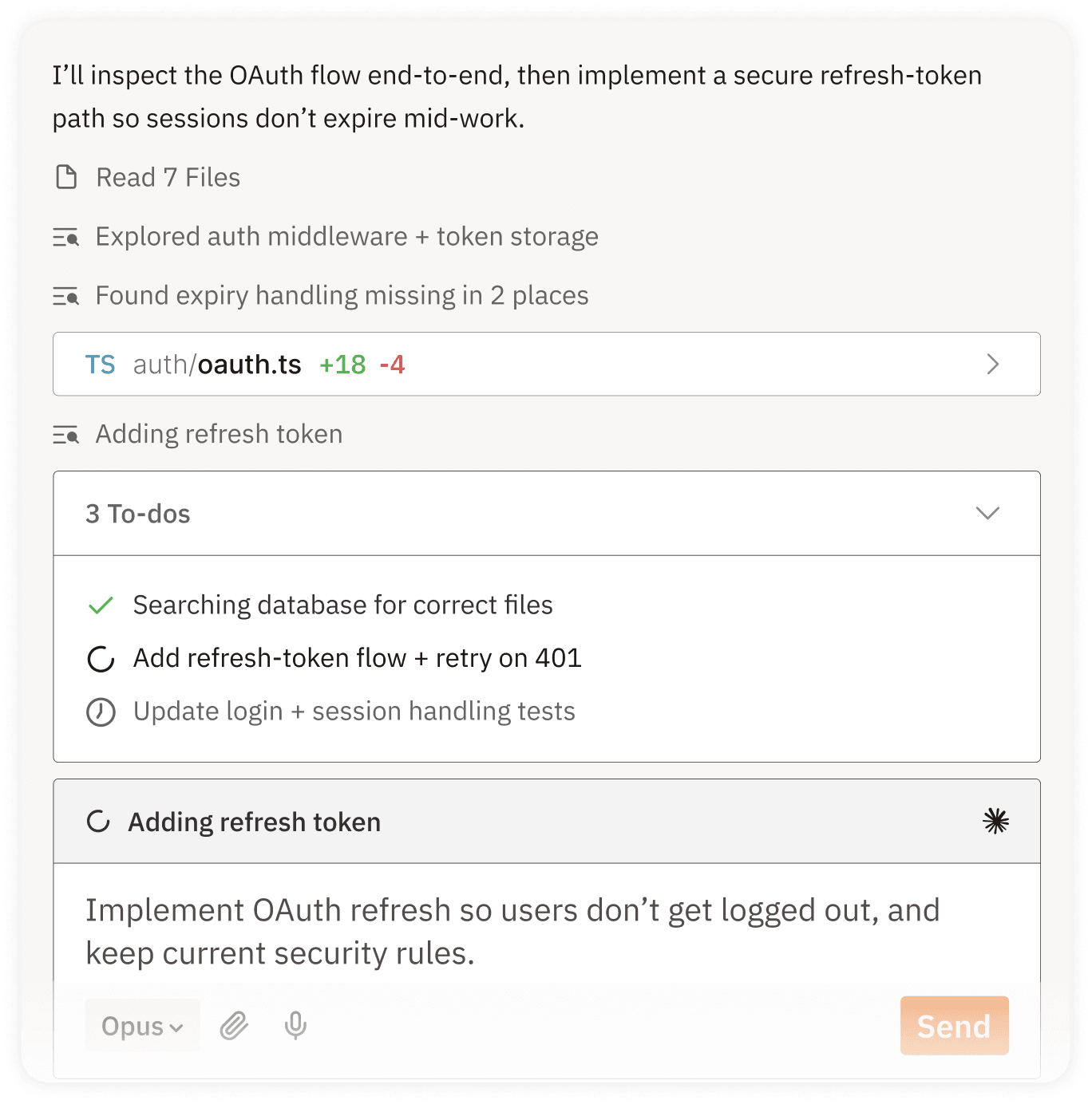 AI coding agent chat interface showing OAuth implementation workflow
