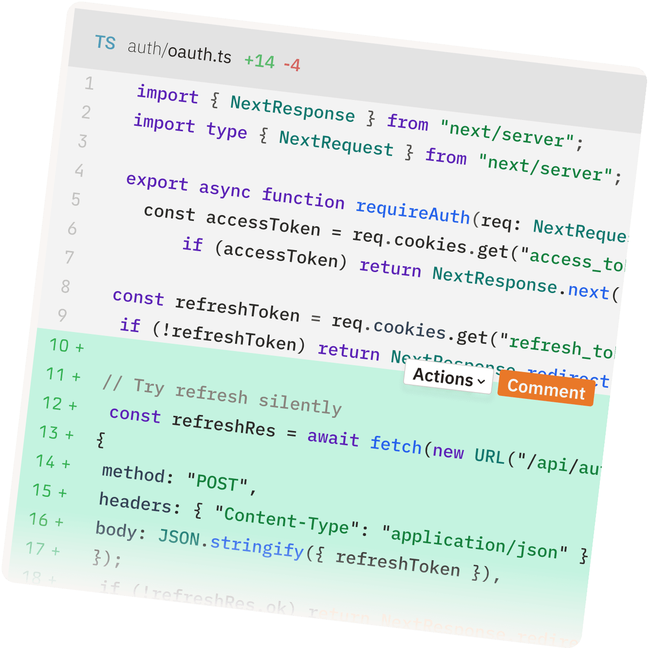 Code review diff view showing OAuth refresh token implementation