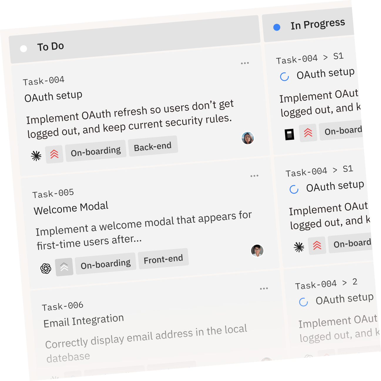 Vibe Kanban planning board showing task cards with priorities and assignments