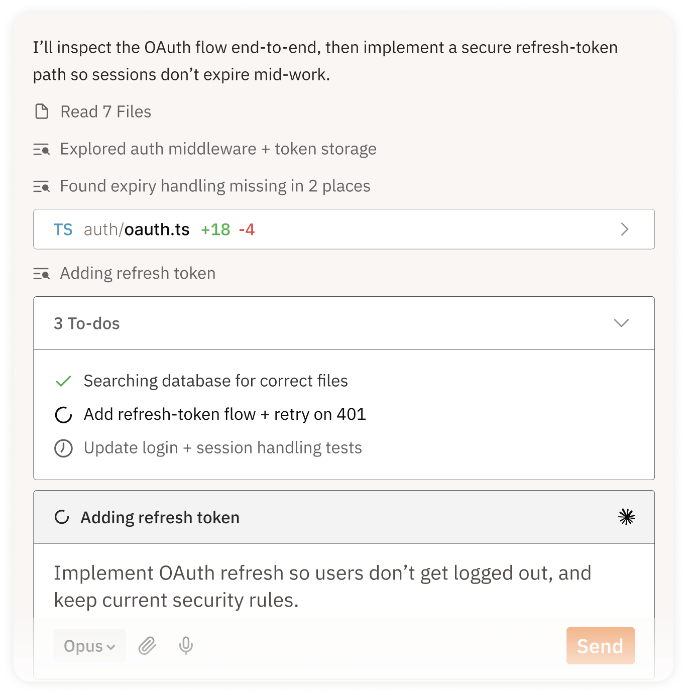 AI coding agent chat interface showing OAuth implementation workflow