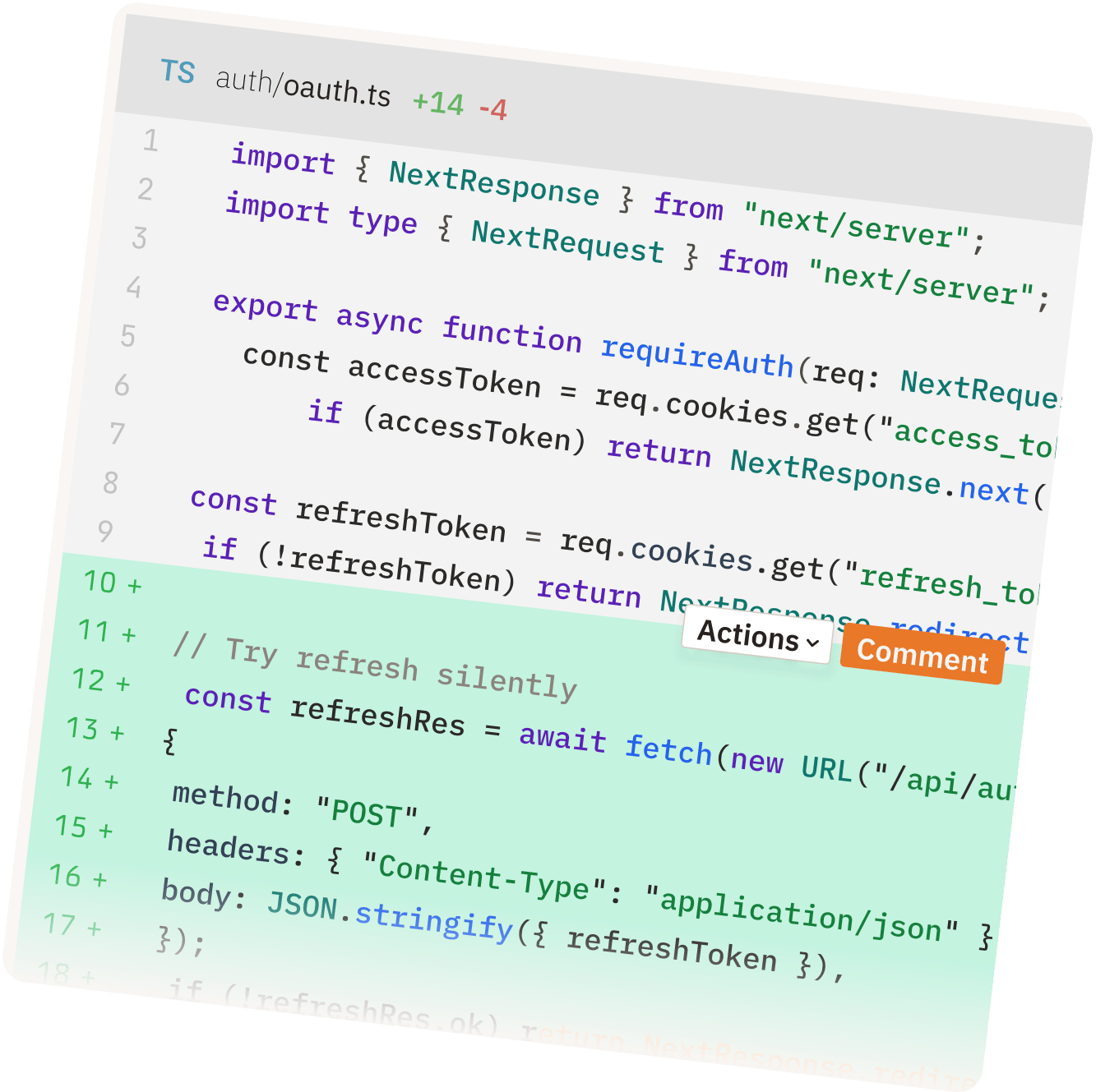 Code review diff view showing OAuth refresh token implementation