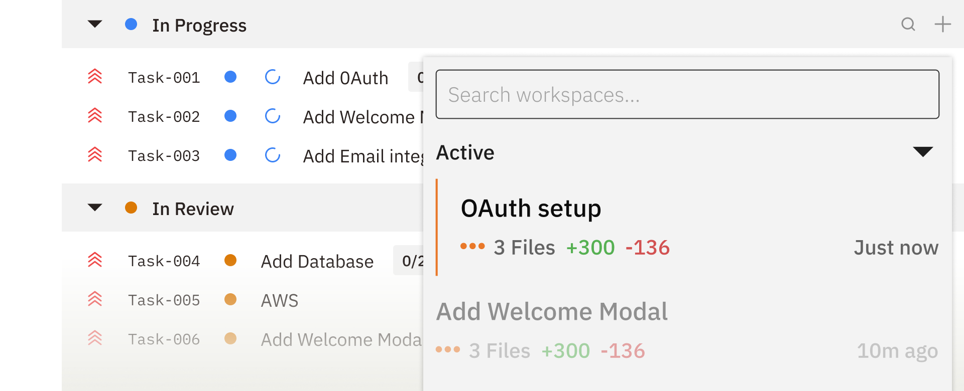 Kanban board showing tasks in progress and in review with a workspace panel displaying active coding agent sessions