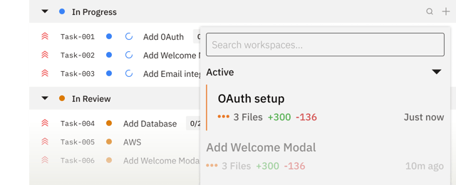 Kanban board showing tasks in progress and in review with a workspace panel displaying active coding agent sessions